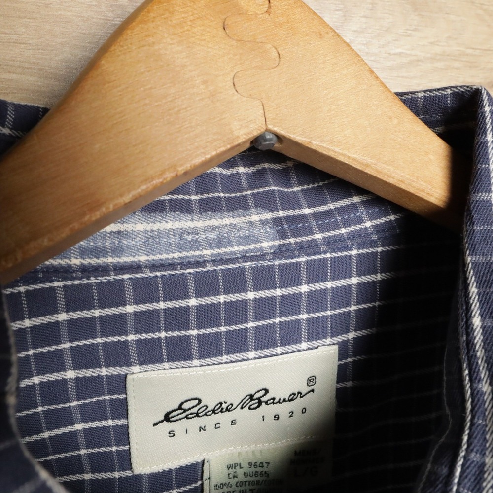 Eddie Bauer Mens L G‎ Plaid Button Down Long Sleeve Shirt Cotton Blue White - Picture 6 of 6